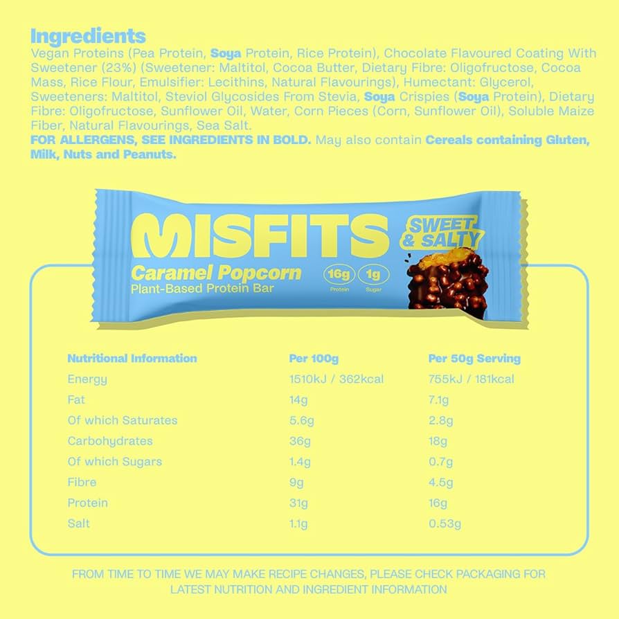 Misfits Caramel Popcorn Flavour Plant Based Protein Bar 50g