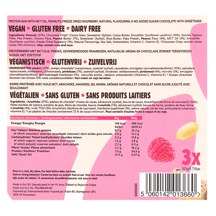 Pulsin Raspberry & Choc Chip Keto Bar 3 x 30g