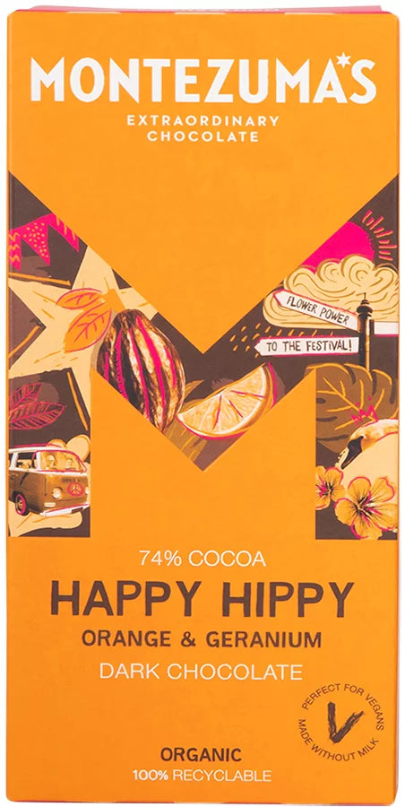 Montezuma's HAPPY HIPPY - DARK CHOCOLATE WITH ORANGE & GERANIUM