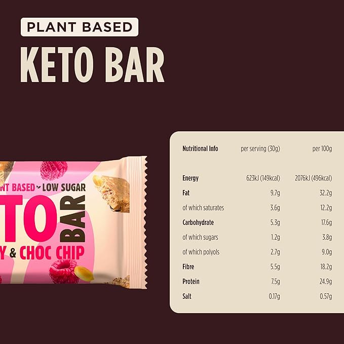 Pulsin Raspberry & Choc Chip Keto Bar 3 x 30g