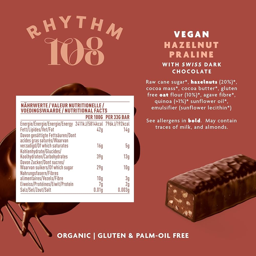 Rhythm 108 Swiss Vegan Hazelnut Praline Bar with Dark Chocolate 33g