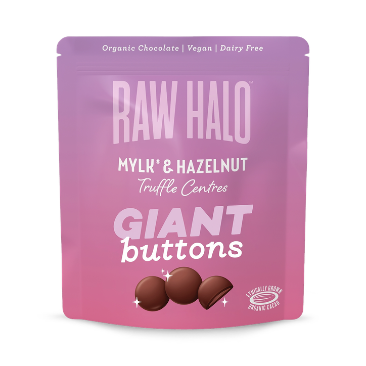 Raw Halo Organic Vegan Giant Chocolate Buttons Mylk & Hazelnut 90g