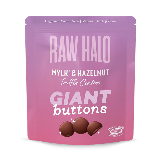 Raw Halo Organic Vegan Giant Chocolate Buttons Mylk & Hazelnut 90g