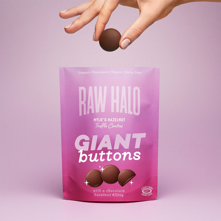 Raw Halo Organic Vegan Giant Chocolate Buttons Mylk & Hazelnut 90g