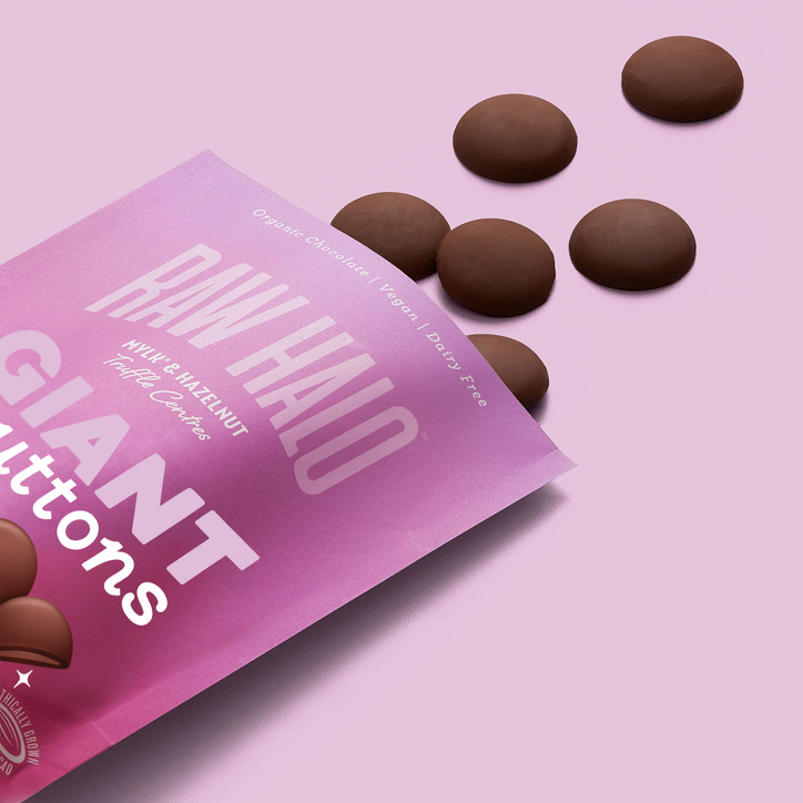 Raw Halo Organic Vegan Giant Chocolate Buttons Mylk & Hazelnut 90g