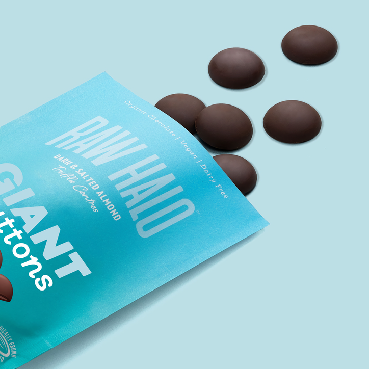 Raw Halo Organic Vegan Giant Chocolate Buttons Dark & Salted Almond 90g