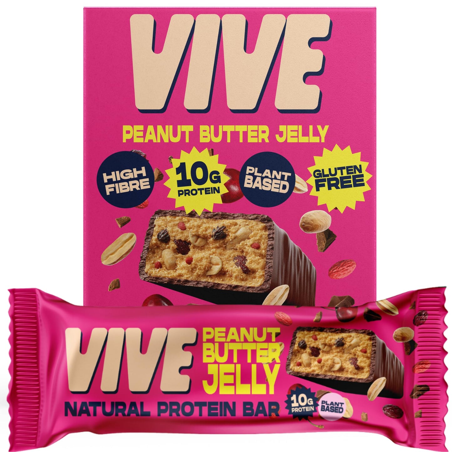 Vive Peanut Butter Jelly Protein Bars – Dark Chocolate Coated, Vegan, High Fibre Snacks